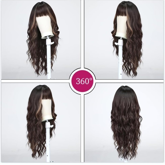Long Curly Brown with Blonde Highlight Wigs with Bangs 26 in - Picture 6 of 6